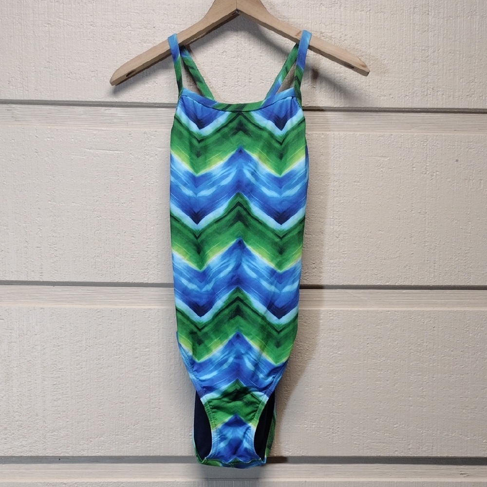 Speedo 10/36 Flyback Green and Blue Swimsuit